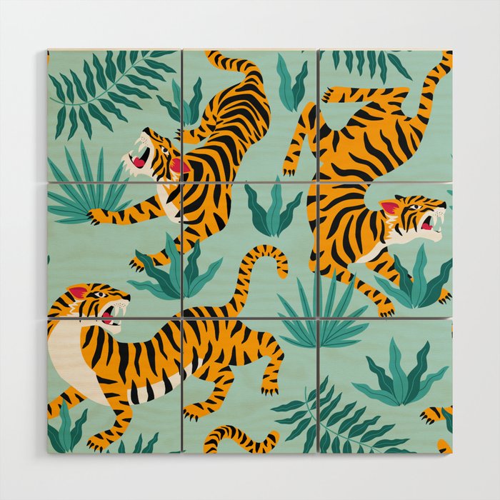 Asian tigers and tropic plants on background. Wood Wall Art Gallery Image 1