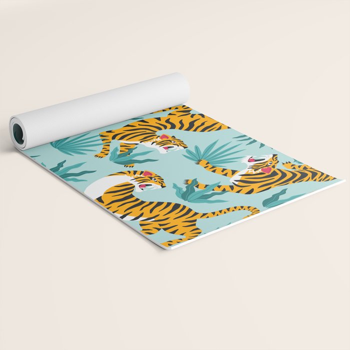 Asian tigers and tropic plants on background. Yoga Mat Gallery Image 2