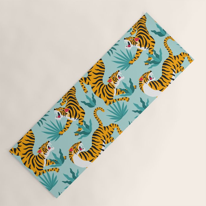 Asian tigers and tropic plants on background. Yoga Mat Gallery Image 1