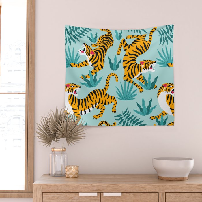 Asian tigers and tropic plants on background. Wall Tapestry Gallery Image 2