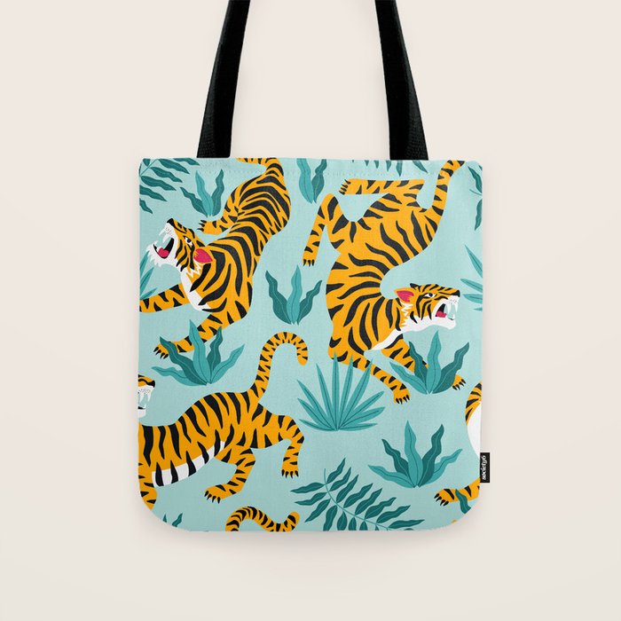 Asian tigers and tropic plants on background. Tote Bag Gallery Image 1