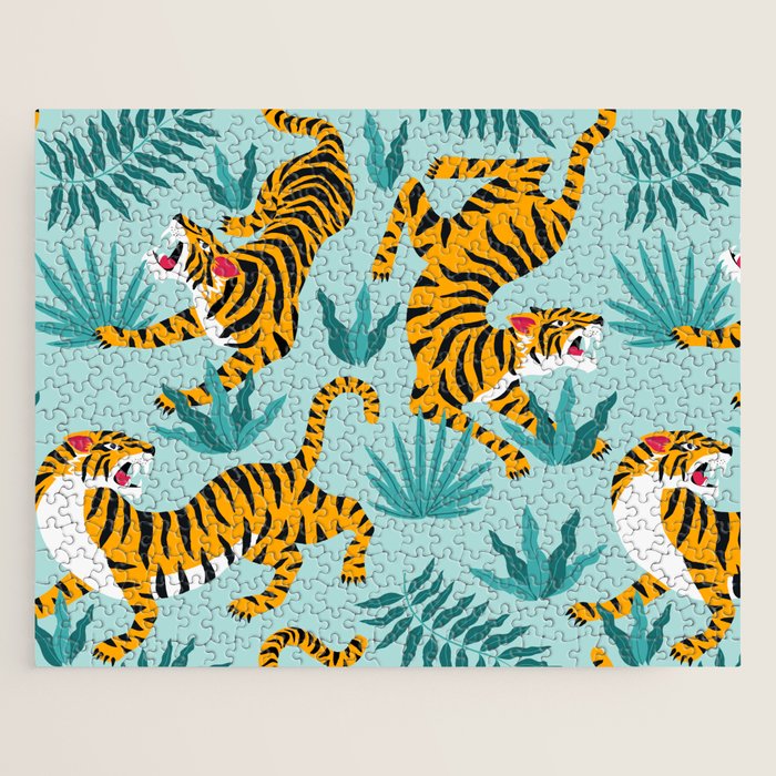 Asian tigers and tropic plants on background. Jigsaw Puzzle Gallery Image 1