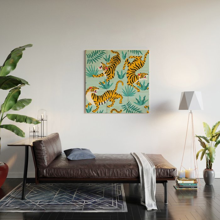 Asian tigers and tropic plants on background. Wood Wall Art Gallery Image 2