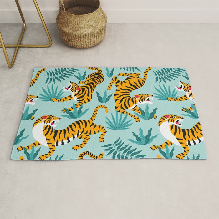 Asian tigers and tropic plants on background. Rug Gallery Image 1