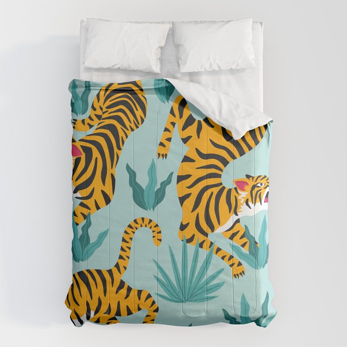 Asian tigers and tropic plants on background. Comforter Gallery Image 6