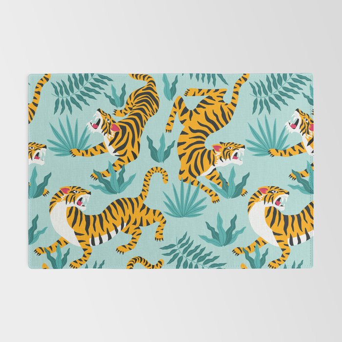 Asian tigers and tropic plants on background. Rug Gallery Image 2