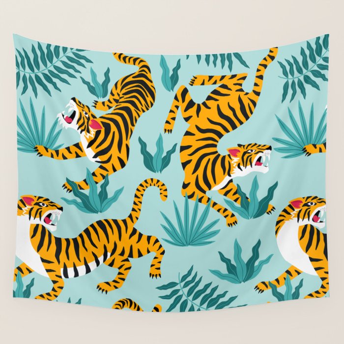 Asian tigers and tropic plants on background. Wall Tapestry Gallery Image 1