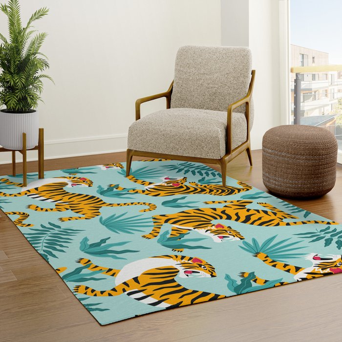 Asian tigers and tropic plants on background. Rug Gallery Image 3