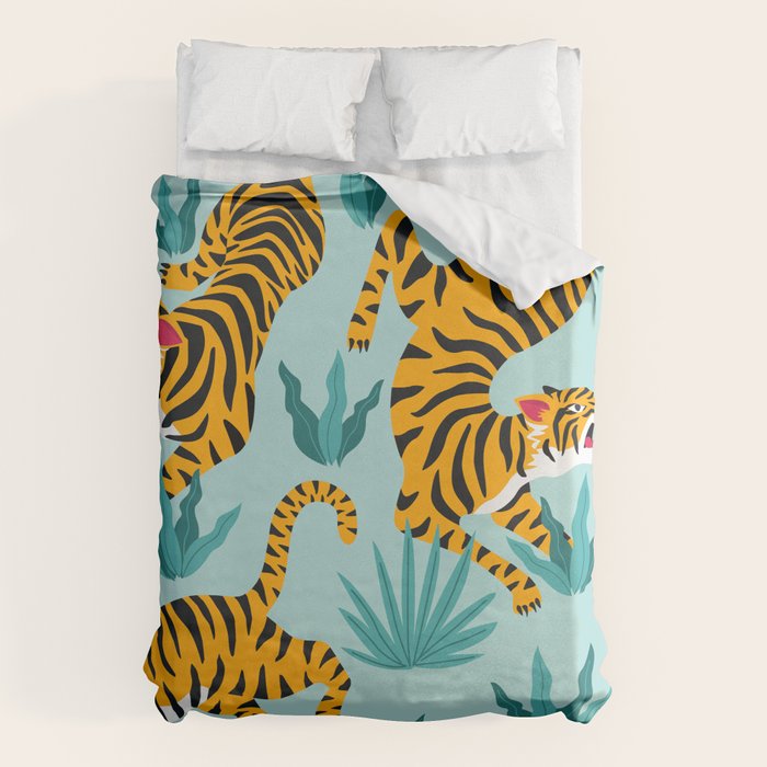 Asian tigers and tropic plants on background. Duvet Cover Gallery Image 1