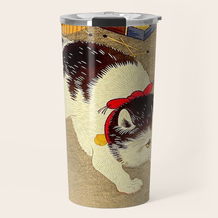 Japanese Woodblock Print Cat Lantern Playful Vintage Art Travel Mug Gallery Image 1