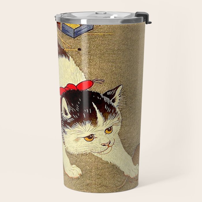 Japanese Woodblock Print Cat Lantern Playful Vintage Art Travel Mug Gallery Image 2