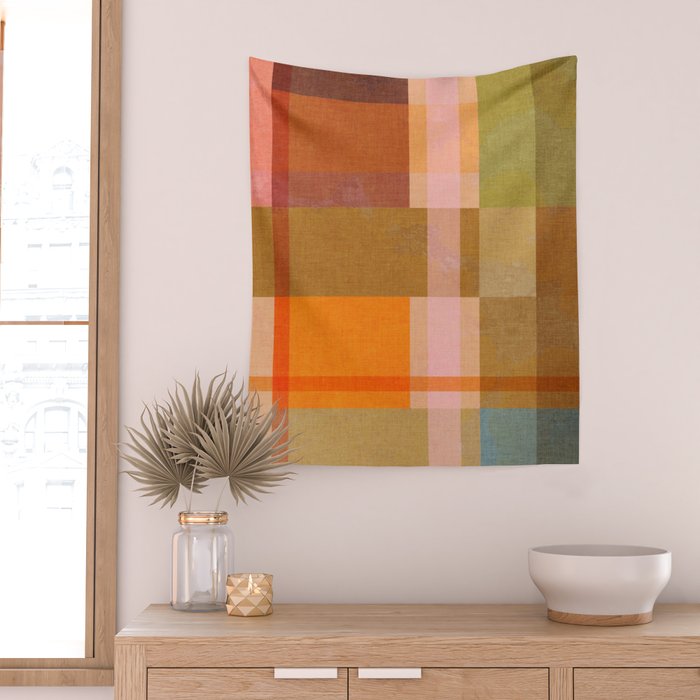 Cosy Heritage Woven Plaid 2 earthy orange blue green Wall Tapestry Gallery Image 2