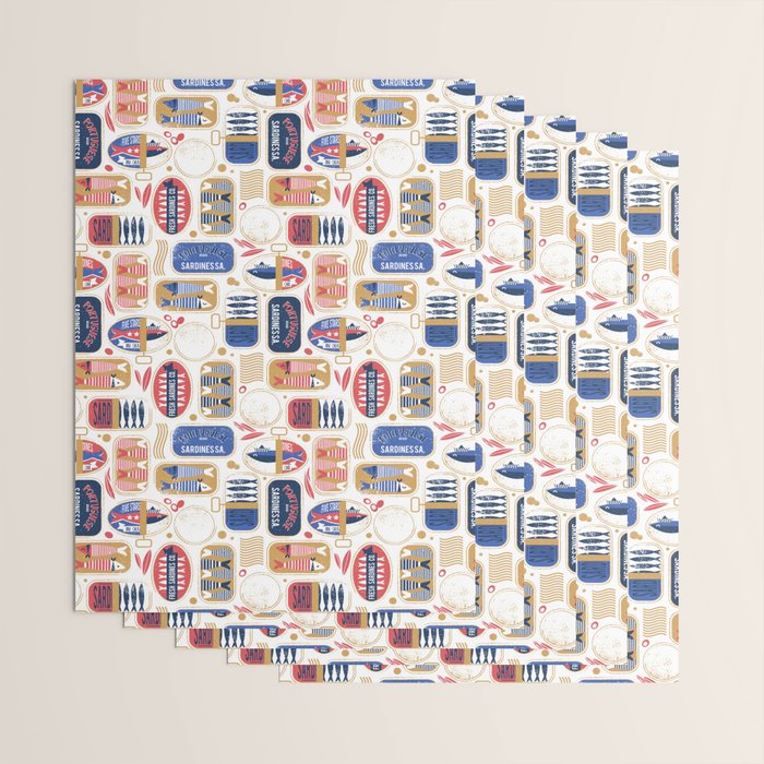 Vintage canned sardines // white background peacock teal and mandy red cans  Wrapping Paper Gallery Image 3