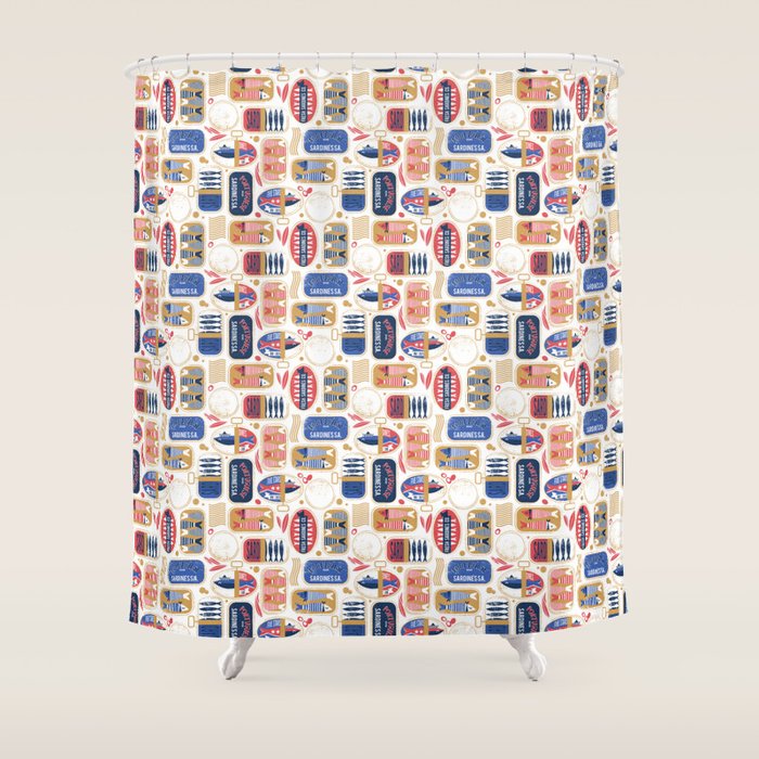 Vintage canned sardines // white background peacock teal and mandy red cans  Shower Curtain Gallery Image 1