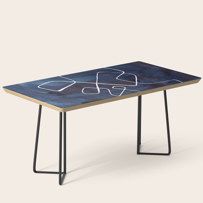 Minimalist Minimal Line Drawing Maze Dark Navy Blue Painting Mid Century Modern Cool Funky Trendy Coffee Table Gallery Image 1