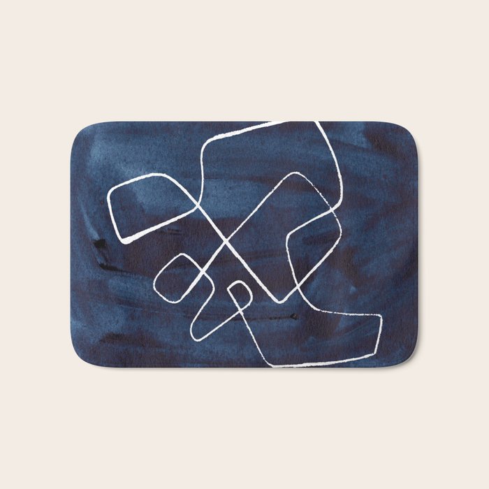 Minimalist Minimal Line Drawing Maze Dark Navy Blue Painting Mid Century Modern Cool Funky Trendy Bath Mat Gallery Image 1