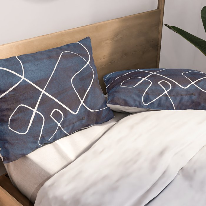 Minimalist Minimal Line Drawing Maze Dark Navy Blue Painting Mid Century Modern Cool Funky Trendy Pillow Sham Gallery Image 2