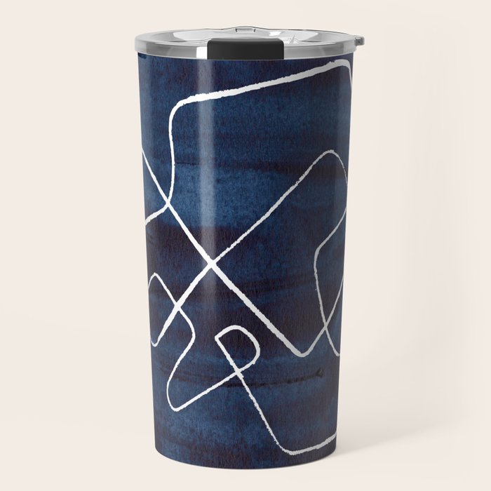 Minimalist Minimal Line Drawing Maze Dark Navy Blue Painting Mid Century Modern Cool Funky Trendy Travel Mug Gallery Image 1