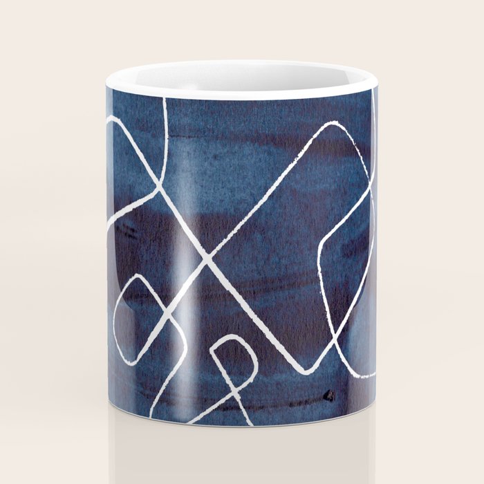 Minimalist Minimal Line Drawing Maze Dark Navy Blue Painting Mid Century Modern Cool Funky Trendy Coffee Mug Gallery Image 4