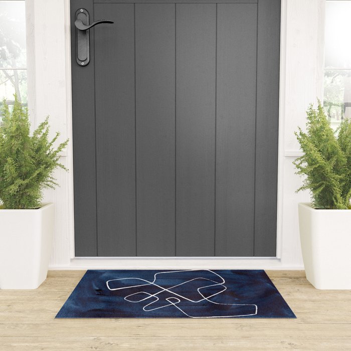 Minimalist Minimal Line Drawing Maze Dark Navy Blue Painting Mid Century Modern Cool Funky Trendy Welcome Mat Gallery Image 3