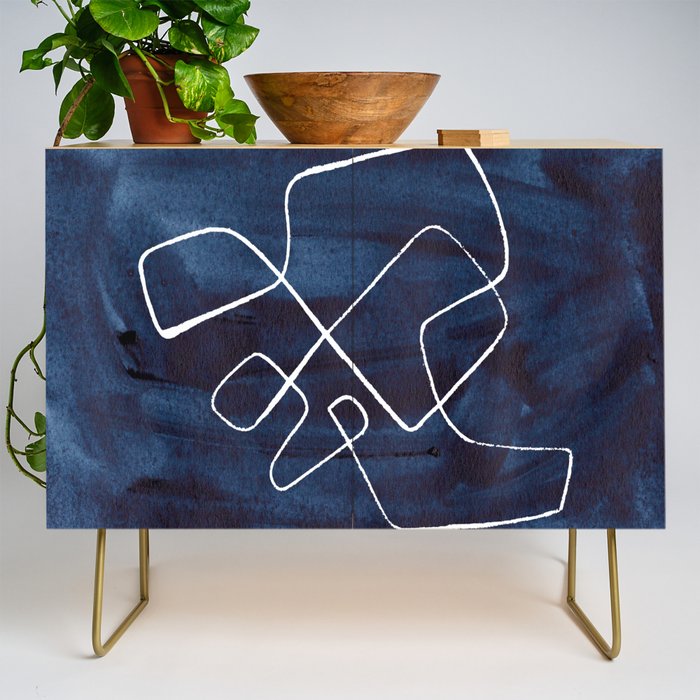 Minimalist Minimal Line Drawing Maze Dark Navy Blue Painting Mid Century Modern Cool Funky Trendy Credenza Gallery Image 1