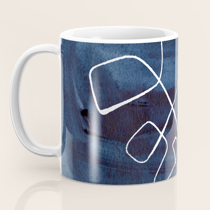 Minimalist Minimal Line Drawing Maze Dark Navy Blue Painting Mid Century Modern Cool Funky Trendy Coffee Mug Gallery Image 3