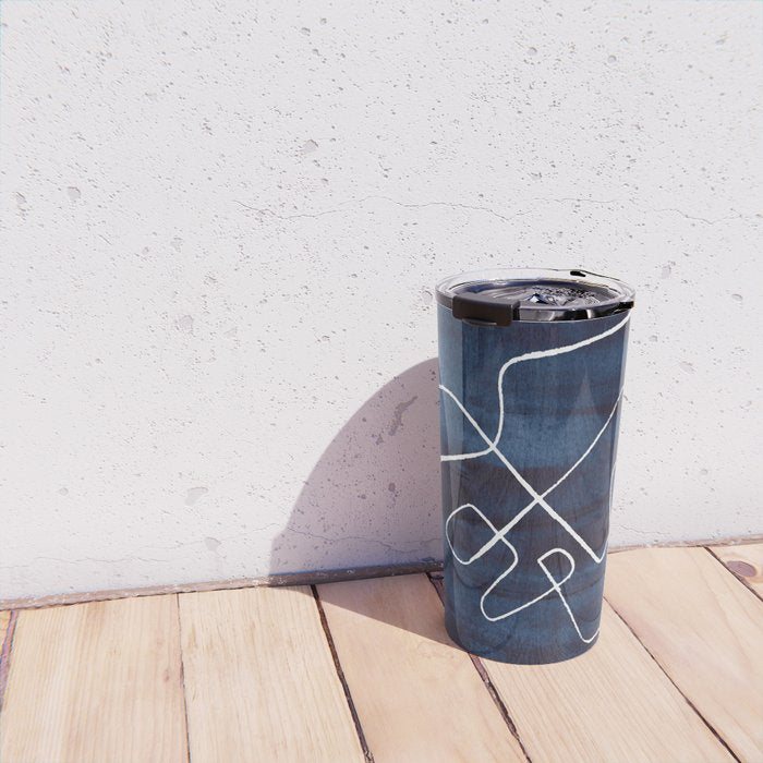 Minimalist Minimal Line Drawing Maze Dark Navy Blue Painting Mid Century Modern Cool Funky Trendy Travel Mug Gallery Image 4