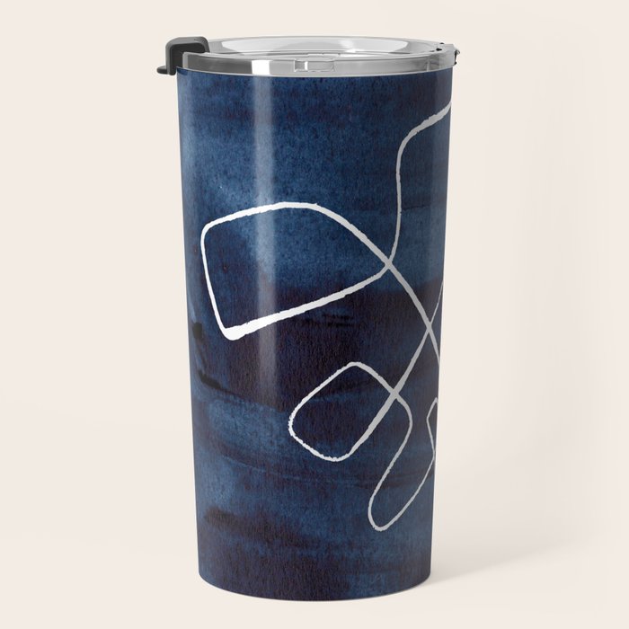 Minimalist Minimal Line Drawing Maze Dark Navy Blue Painting Mid Century Modern Cool Funky Trendy Travel Mug Gallery Image 3