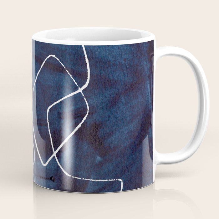 Minimalist Minimal Line Drawing Maze Dark Navy Blue Painting Mid Century Modern Cool Funky Trendy Coffee Mug Gallery Image 1