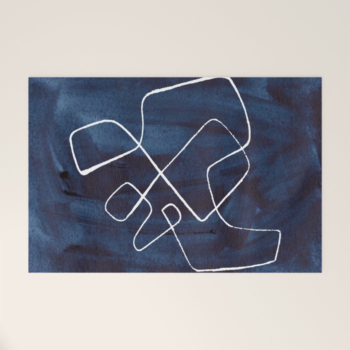 Minimalist Minimal Line Drawing Maze Dark Navy Blue Painting Mid Century Modern Cool Funky Trendy Welcome Mat Gallery Image 1