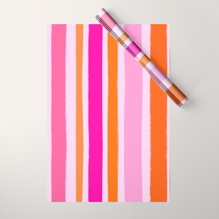 Pink and Orange Stripes Freehand Wrapping Paper Gallery Image 1