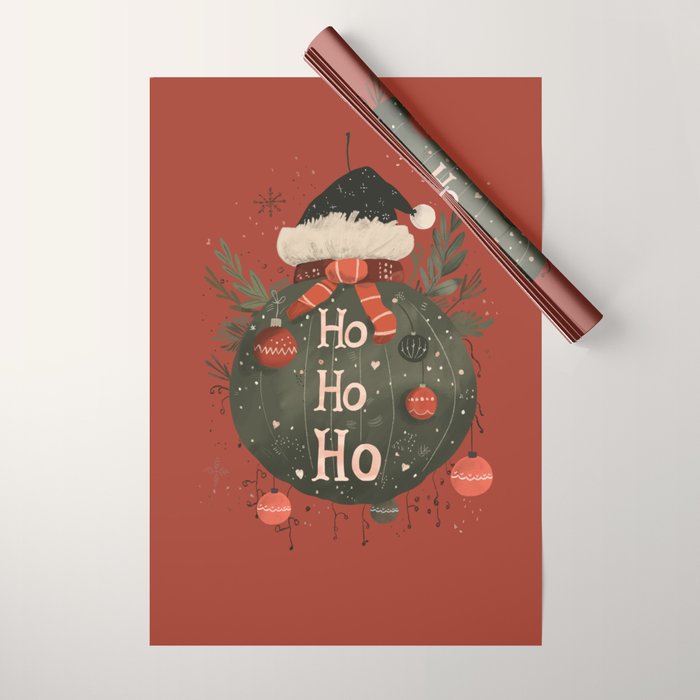 Festive Ho Ho Ho Bauble Red  Wrapping Paper Gallery Image 1