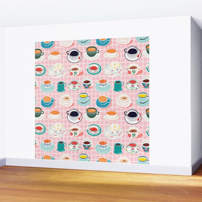 Retro hand drawn coffee tea cup pattern Wall Mural Gallery Image 2