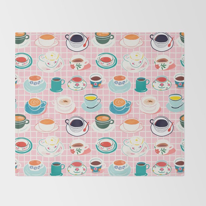Retro hand drawn coffee tea cup pattern Throw Blanket Gallery Image 2