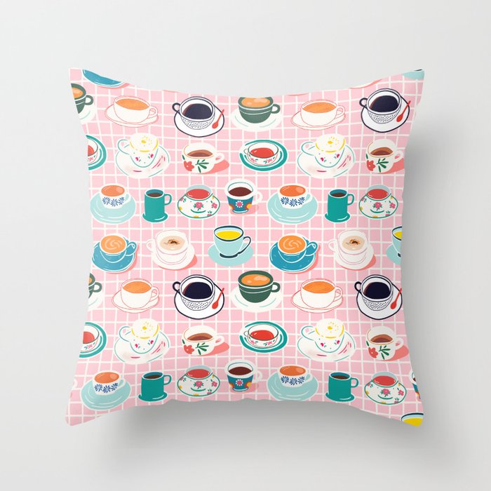 Retro hand drawn coffee tea cup pattern Throw Pillow Gallery Image 6