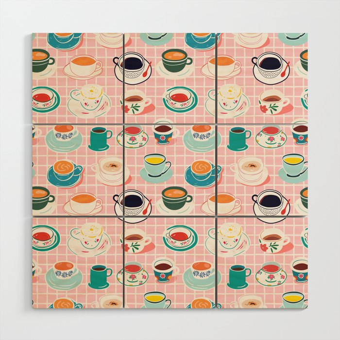 Retro hand drawn coffee tea cup pattern Wood Wall Art Gallery Image 1