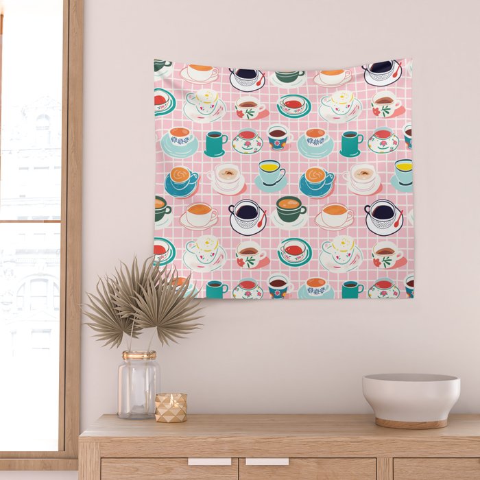 Retro hand drawn coffee tea cup pattern Wall Tapestry Gallery Image 2