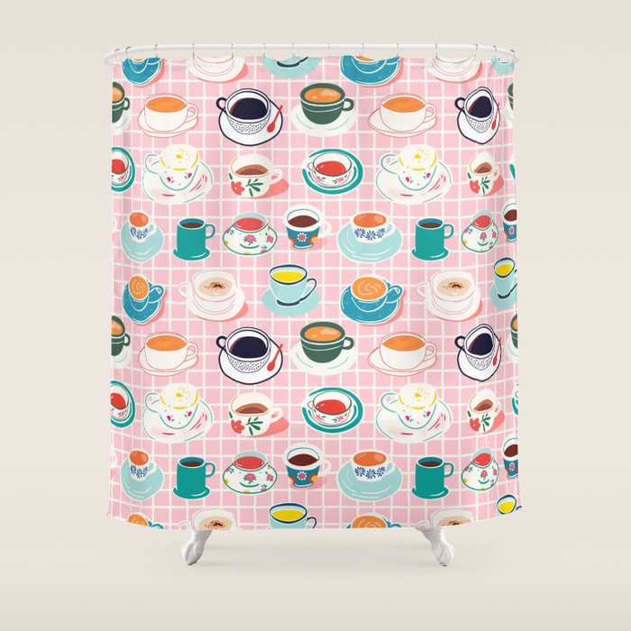 Retro hand drawn coffee tea cup pattern Shower Curtain Gallery Image 1
