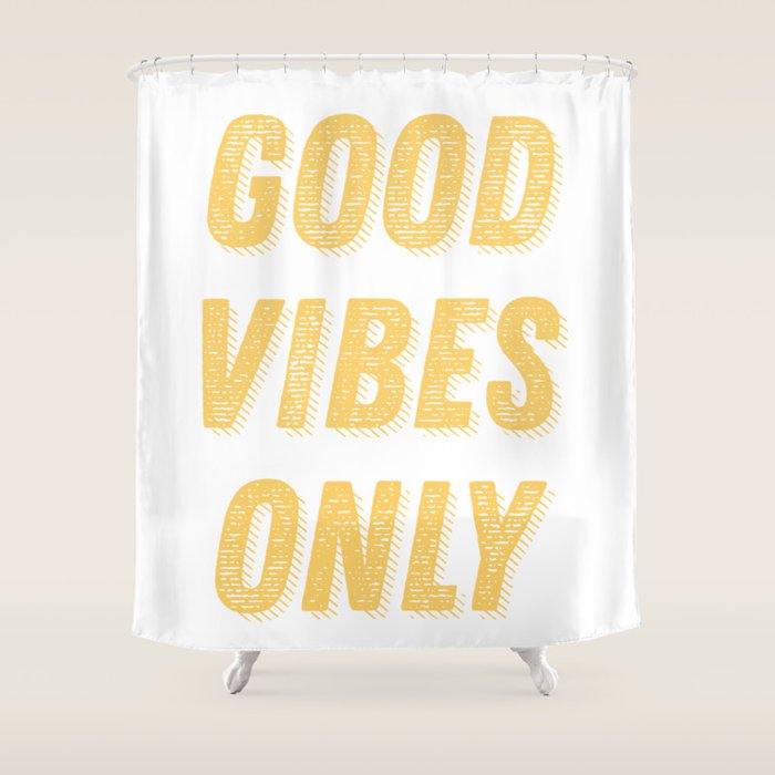 Good Vibes Only Bold Typography in Yellow Shower Curtain Gallery Image 1