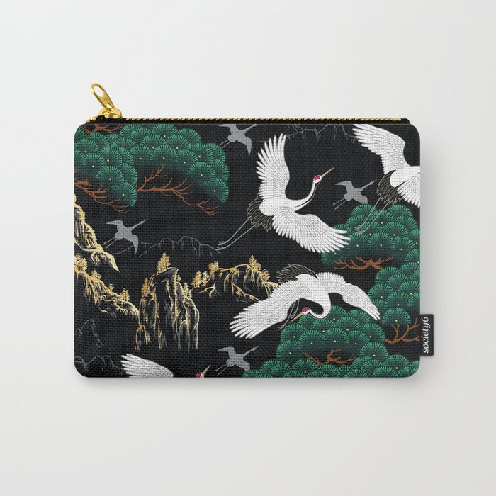 Japanese Flying Crane Wild Emerald Forest Pattern Carry All Pouch Gallery Image 1