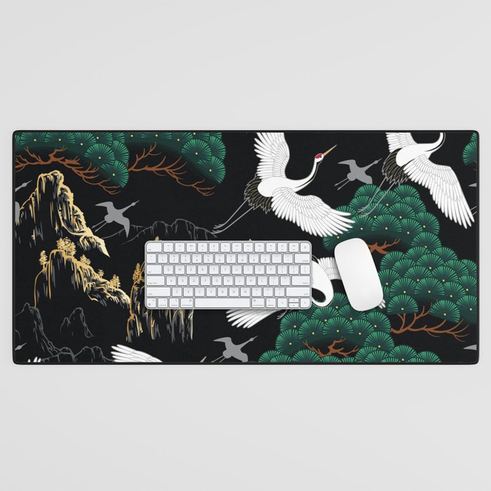 Japanese Flying Crane Wild Emerald Forest Pattern Desk Mat Gallery Image 1