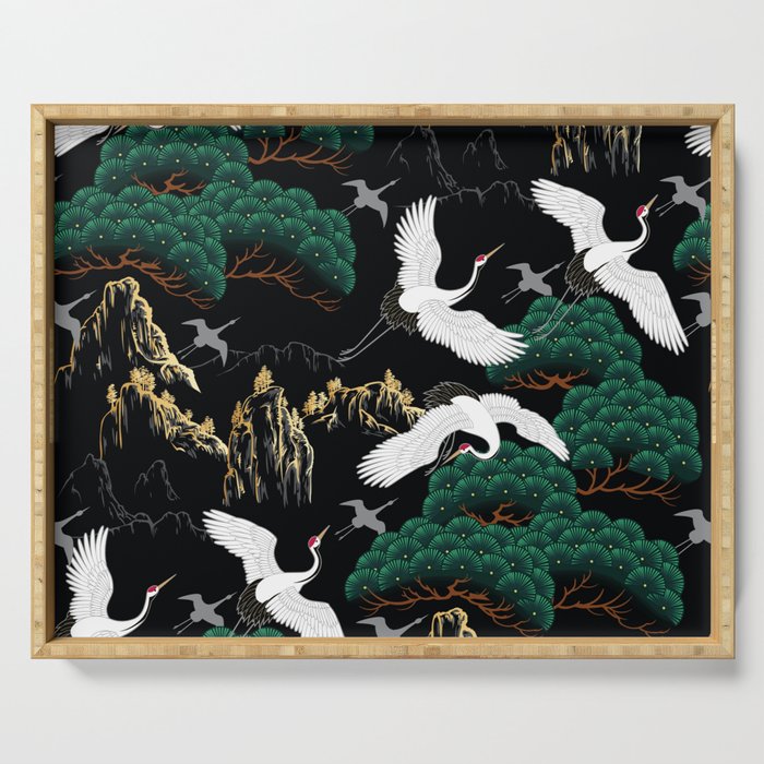 Japanese Flying Crane Wild Emerald Forest Pattern Serving Tray Gallery Image 1