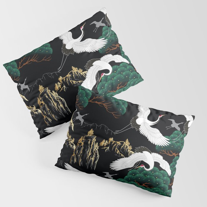 Japanese Flying Crane Wild Emerald Forest Pattern Pillow Sham Gallery Image 3