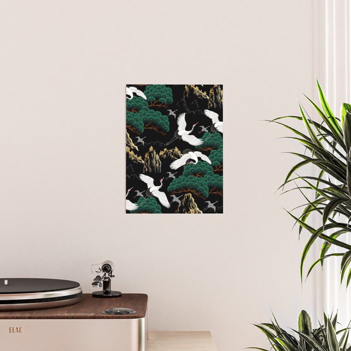 Japanese Flying Crane Wild Emerald Forest Pattern Poster Gallery Image 2