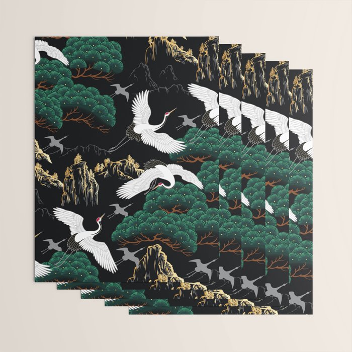 Japanese Flying Crane Wild Emerald Forest Pattern Wrapping Paper Gallery Image 3
