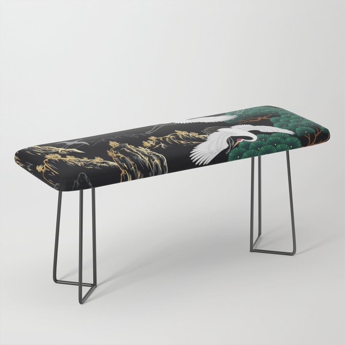 Japanese Flying Crane Wild Emerald Forest Pattern Bench Gallery Image 1