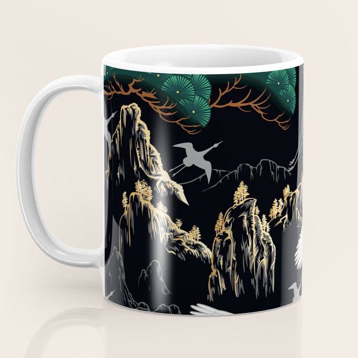 Japanese Flying Crane Wild Emerald Forest Pattern Coffee Mug Gallery Image 3