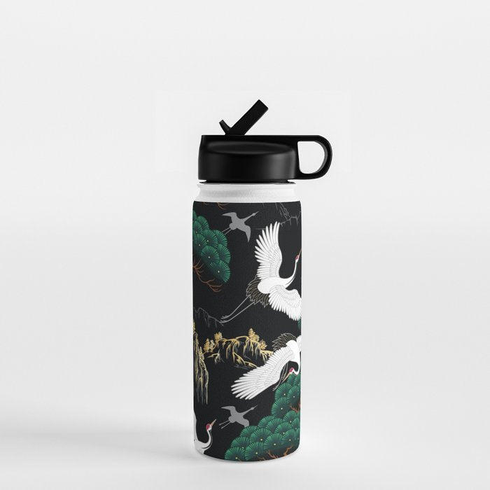 Japanese Flying Crane Wild Emerald Forest Pattern Water Bottle Gallery Image 1
