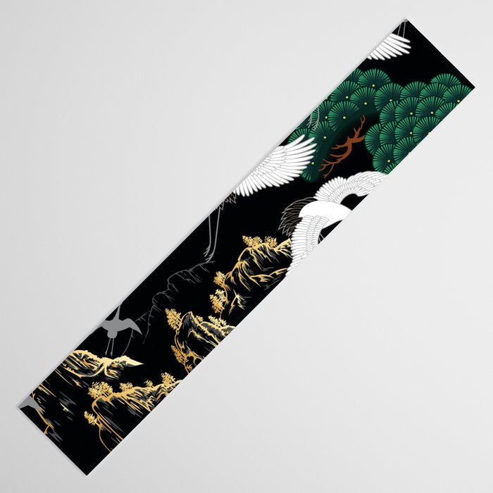 Japanese Flying Crane Wild Emerald Forest Pattern Table Runner Gallery Image 3