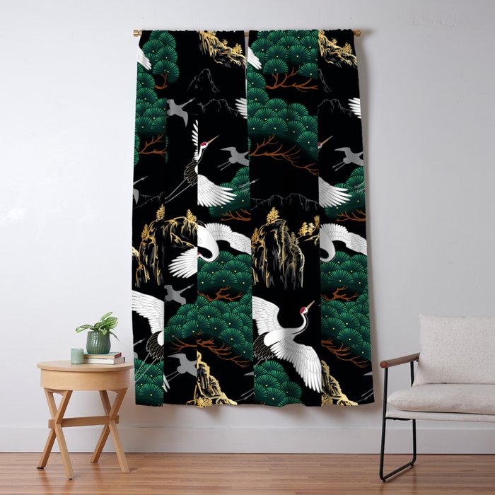Japanese Flying Crane Wild Emerald Forest Pattern Window Curtain Gallery Image 5